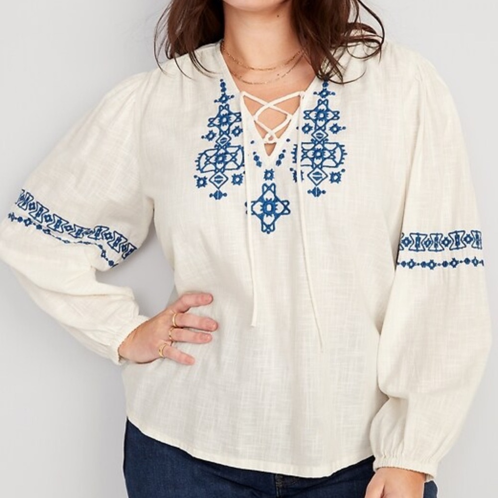 Old Navy Boho Lace-Up Embroidered Poet Blouse Large